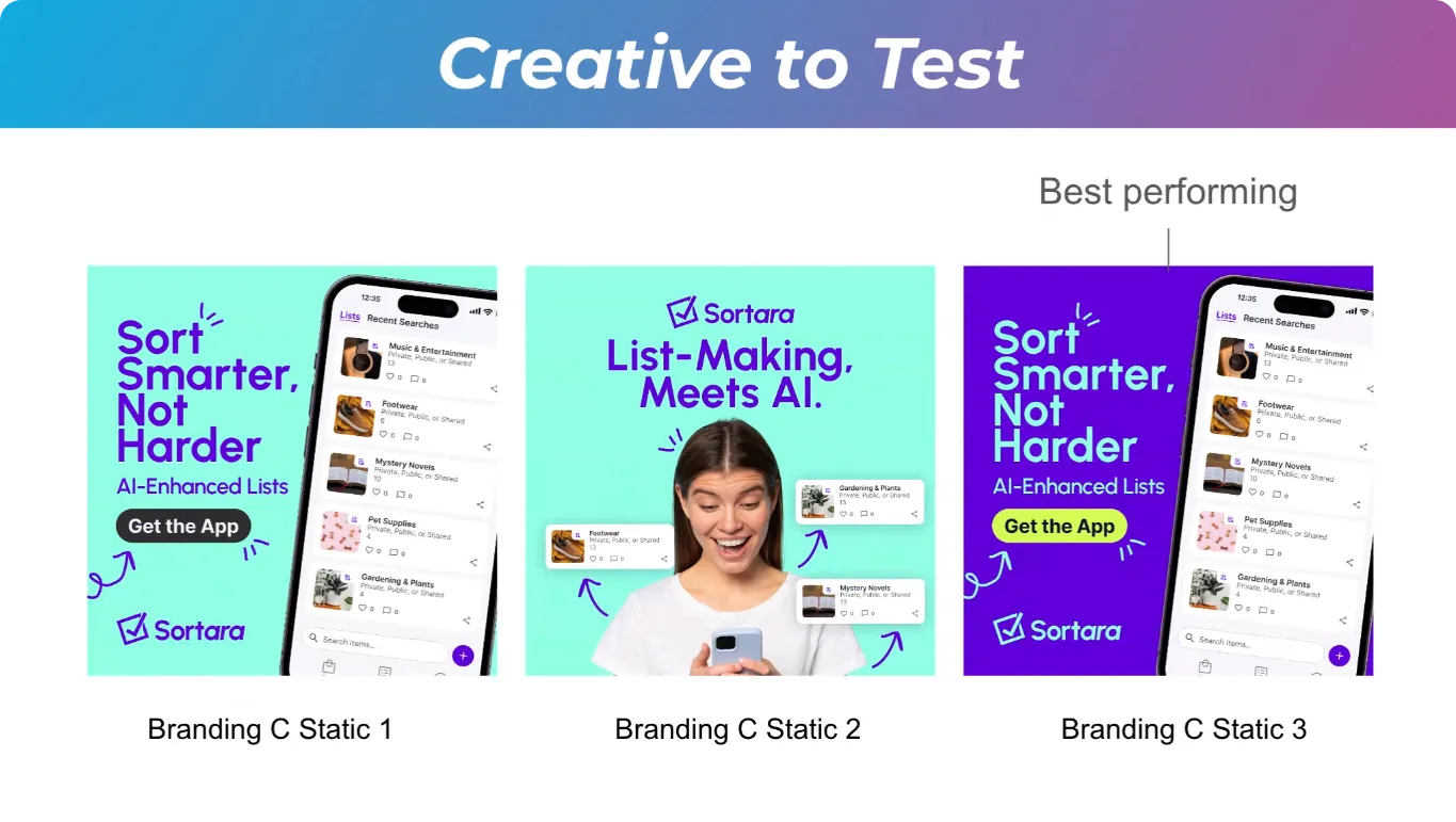 creative to test - brand 3 experiments with light blue and bright purple colors in the branding