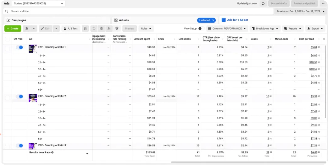 snapshot of data collected by google analytics for brand research