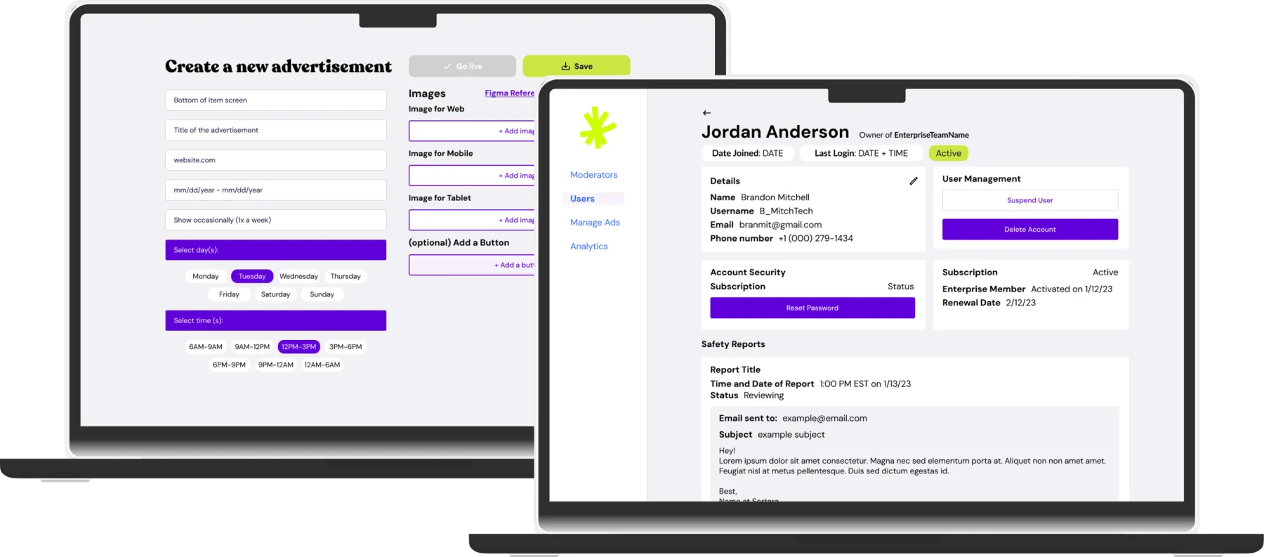 Mockup of the admin site