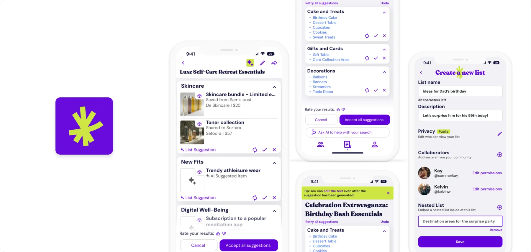 Sortara cover with high fidelity screens of the list creator and AI tools